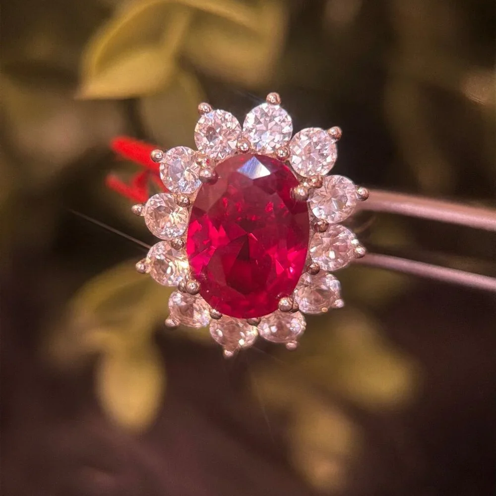 Sterling Silver Ruby/Cz Flower‎ Ring